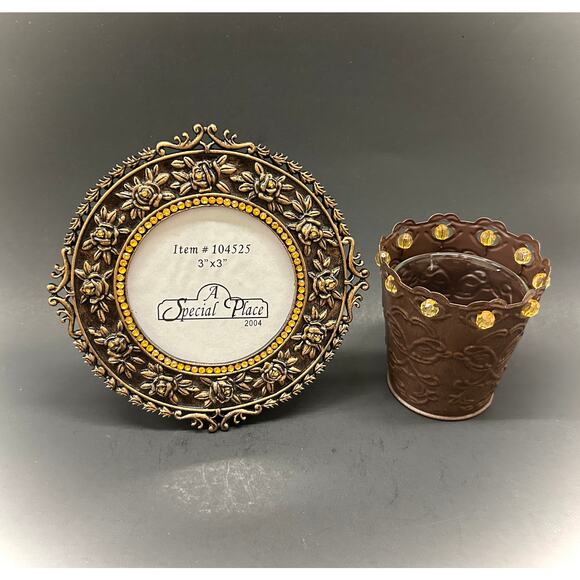 Victorian Gothic Style Ornate Cast Metal Photo Frame & Votive Candle Holder Set - Picture 1 of 4